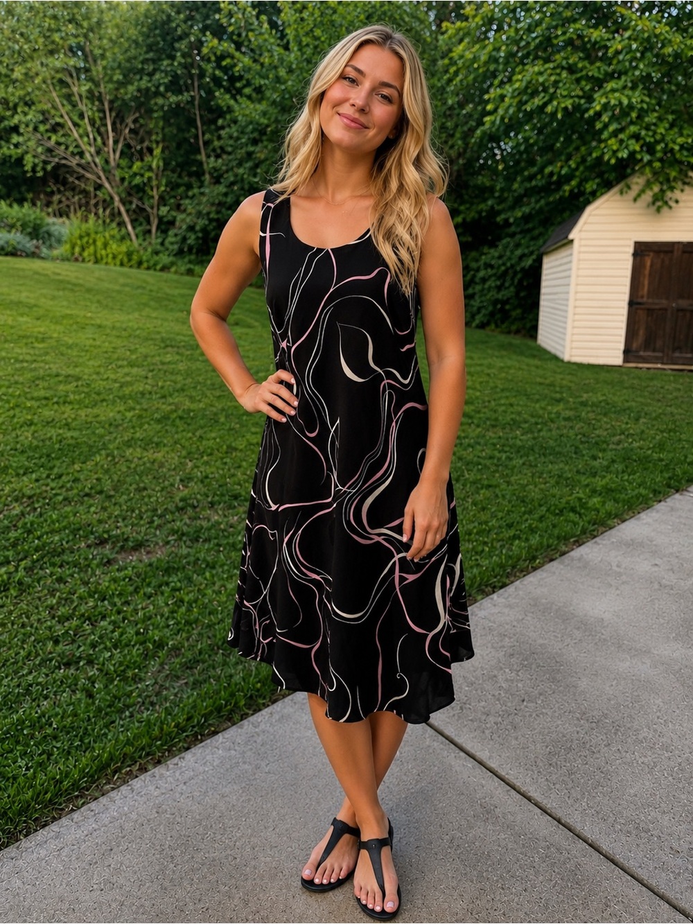 Sleeveless Black Midi Dress with Pink & White Swirl Detail